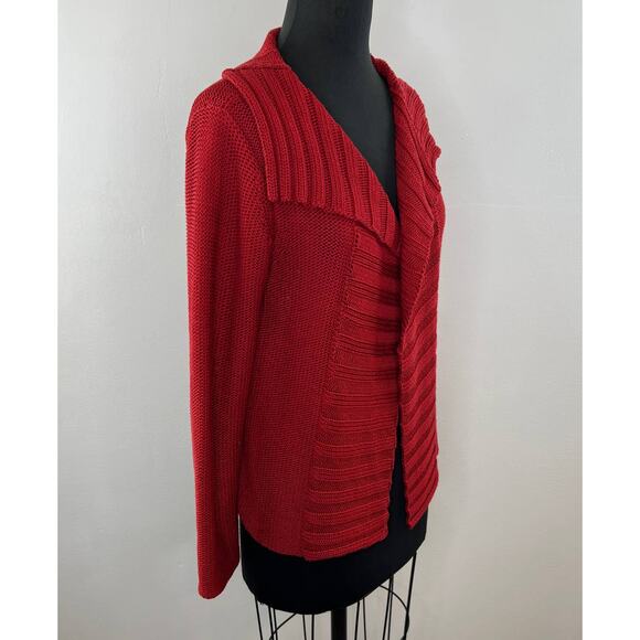 Beyond Threads Red Pima Cotton Chunky Knit Ribbed Foldover Collar Cardigan M - Picture 2 of 7